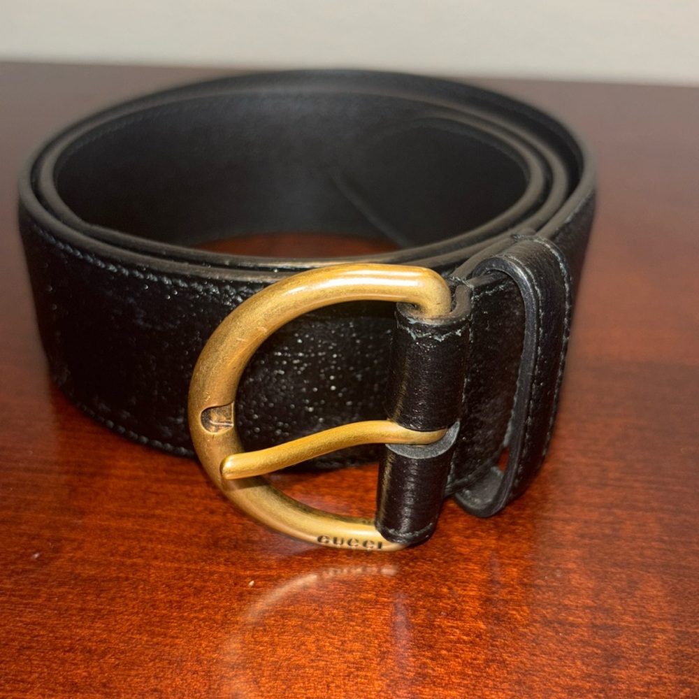Gucci D Ring Black Textured Leather Buckle Belt 28/70 CM